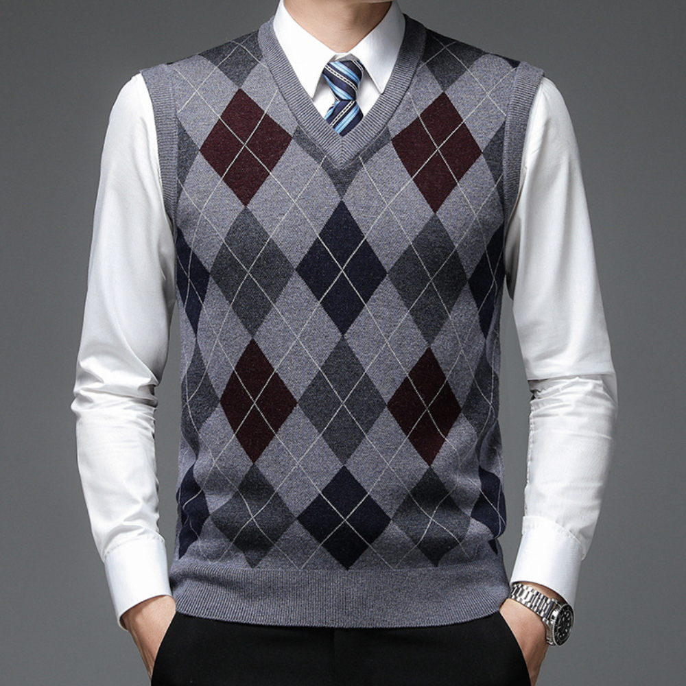 Ruben - Heren Spencer in Nette Stijl met V-hals en Argyle Ruitpatroon