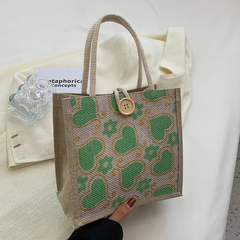 Shopper Dames - Gevlochten Tas met Hartjesprint en Knoop | Casual