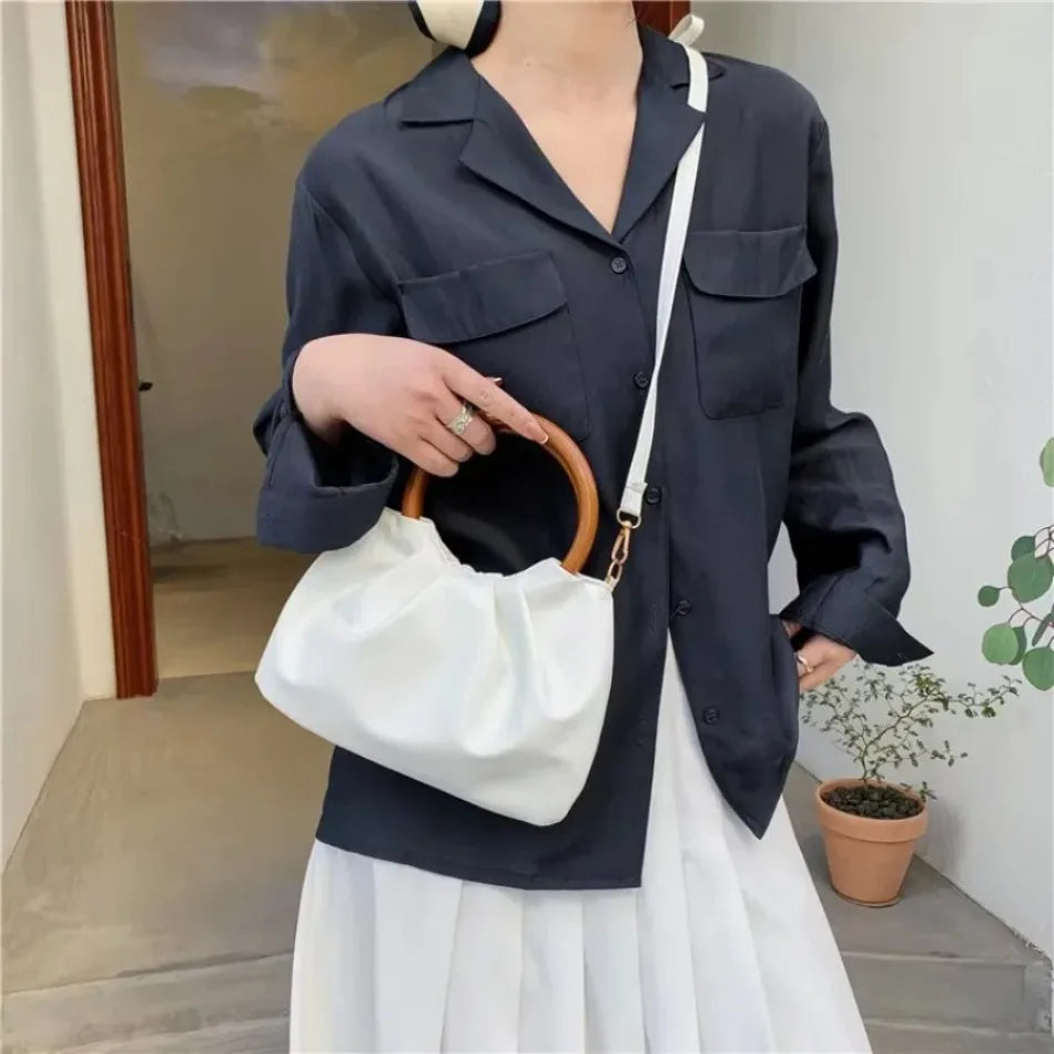 Handtas Dames - Geplooide Cloud Bag met Houten Hengsel | Chique