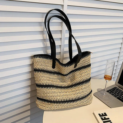 Tas Dames - Ruime Gevlochten Shopper met Strepenpatroon | Zomer
