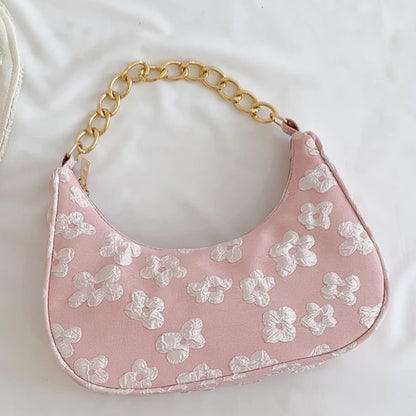 Schoudertas Dames - Halfmaan Tas met Parelketting en Bloemen | Chique