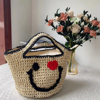 Tas Dames - Gevlochten Strandtas met Smiley Print | Zomer