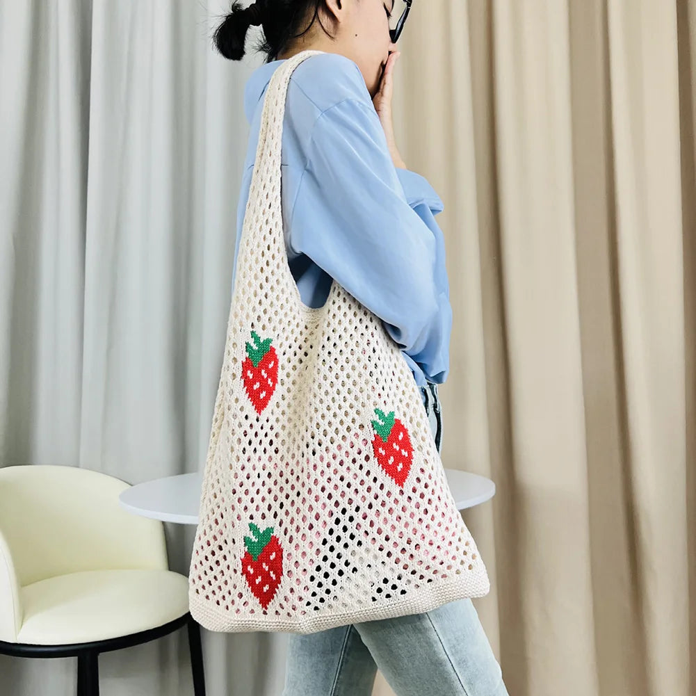 Tas Dames - Ruime Shopper met Kersenmotief en Open Structuur | Zomer