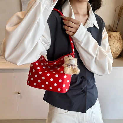 Schoudertas Dames - Ruime Tas met Stippenprint en Beertje | Casual