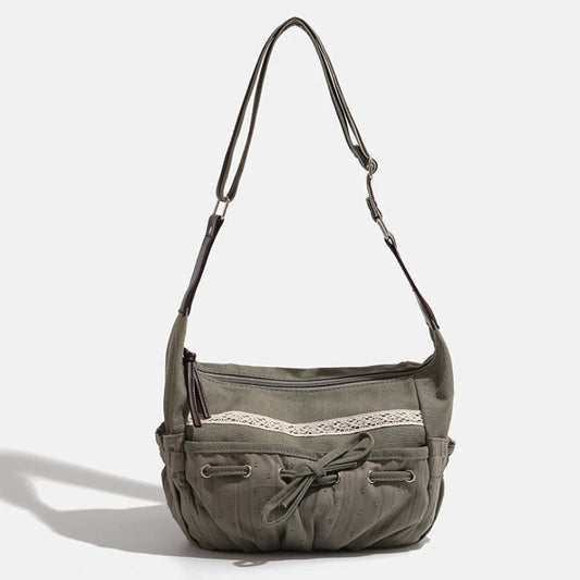 Tas Dames - Casual Schoudertas met Kanten Bies en Trekkoord | Boho