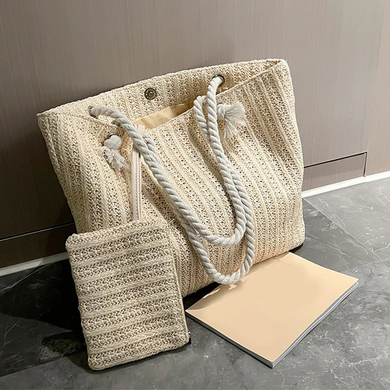 Tas Dames - Gevlochten Shopper met Touwhandvat en Clutch | Zomer
