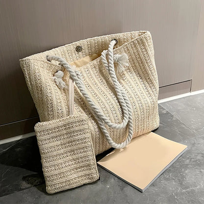 Tas Dames - Gevlochten Shopper met Touwhandvat en Clutch | Zomer
