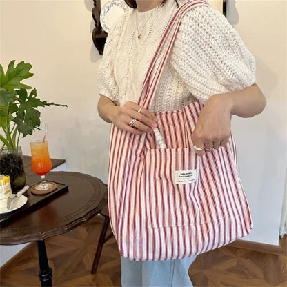 Tas Dames - Grote Tote Bag met Streepjespatroon en Label | Casual