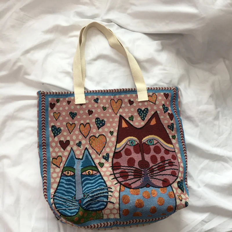 Shopper Dames - Grote Tote Bag met Katten en Hartjesprint | Casual