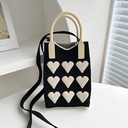 Mini Tas Dames - Gebreide Handtas met Hartjesprint en Riem | Casual