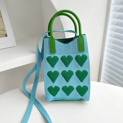 Mini Tas Dames - Gebreide Handtas met Hartjesprint en Riem | Casual