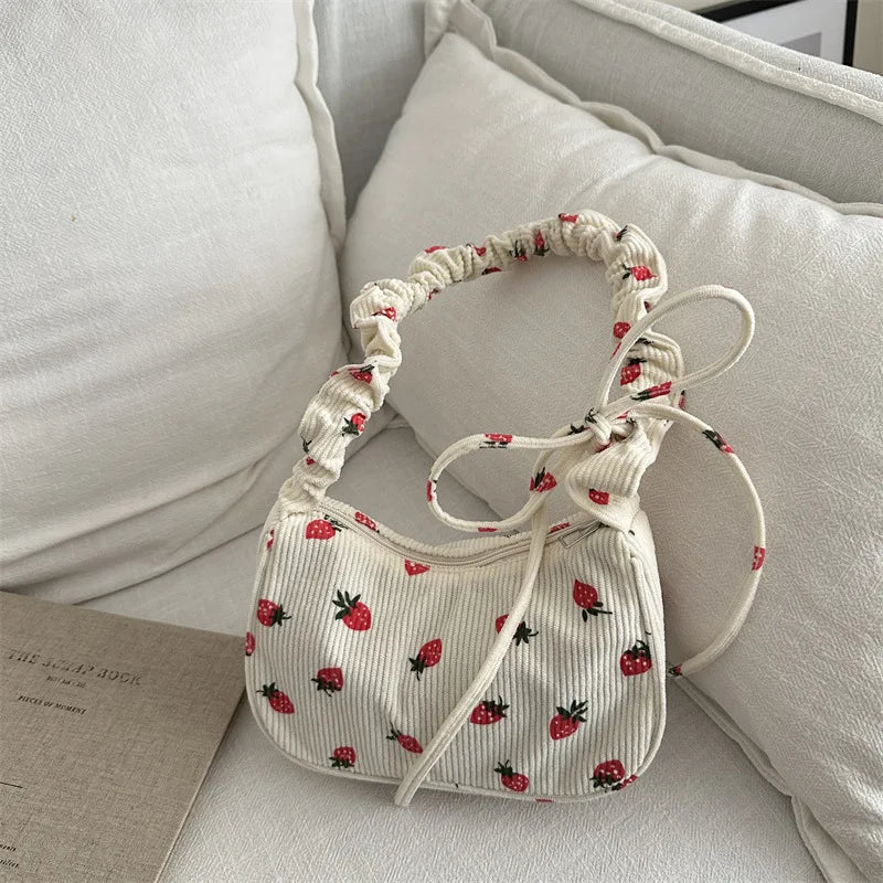 Tas Dames - Mini Hobo Tas met Aardbeienprint en Strikje | Zomer