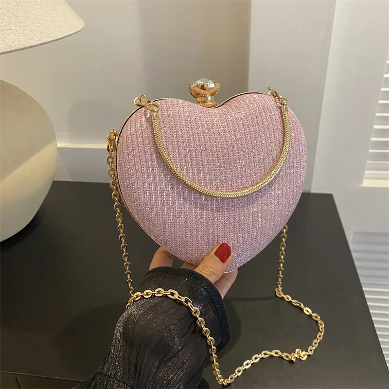 Avondtasje Dames - Hartvormige Clutch met Ketting en Kristal | Feest