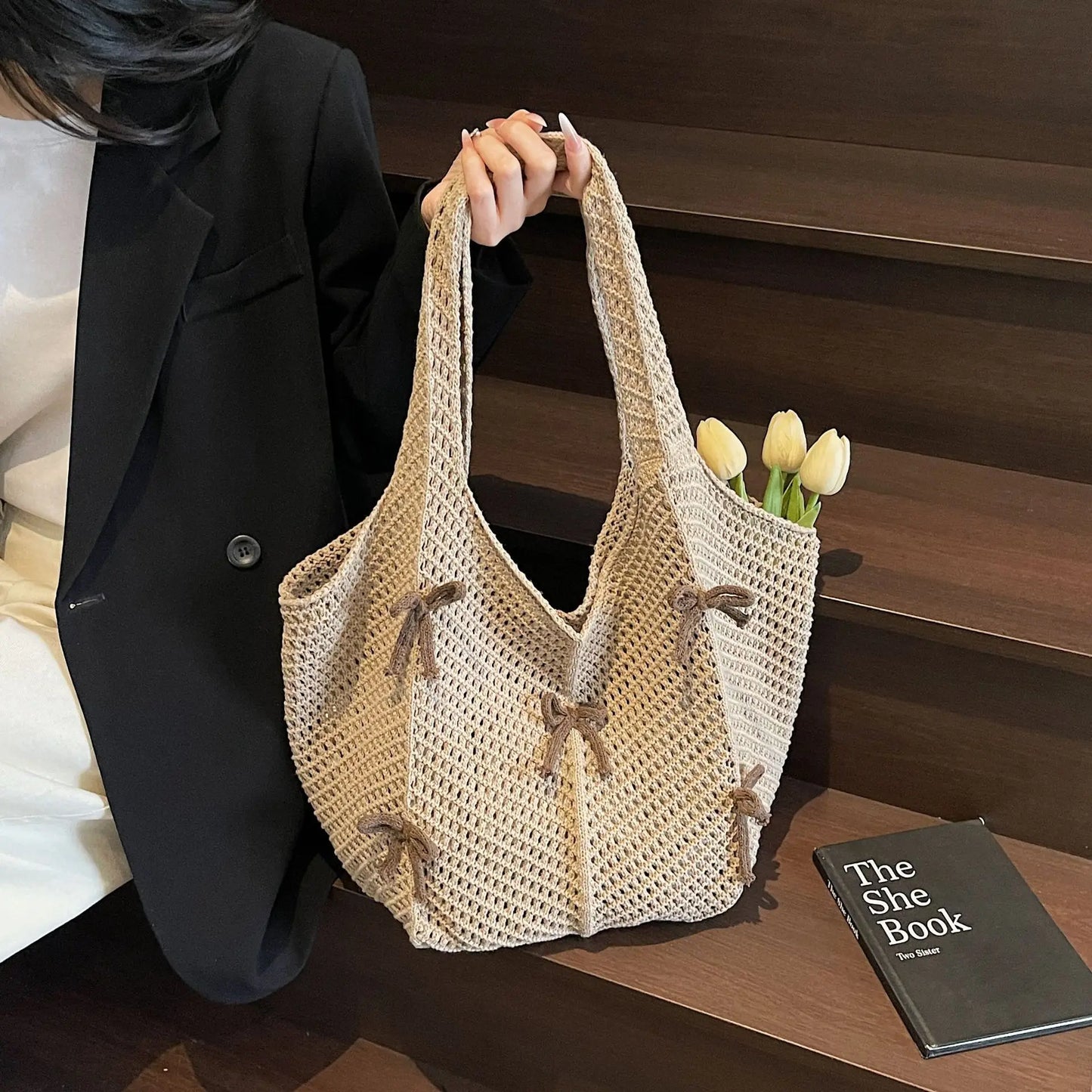 Tas Dames - Gehaakt Hobo Model met Strikjes en Open Werk | Zomer