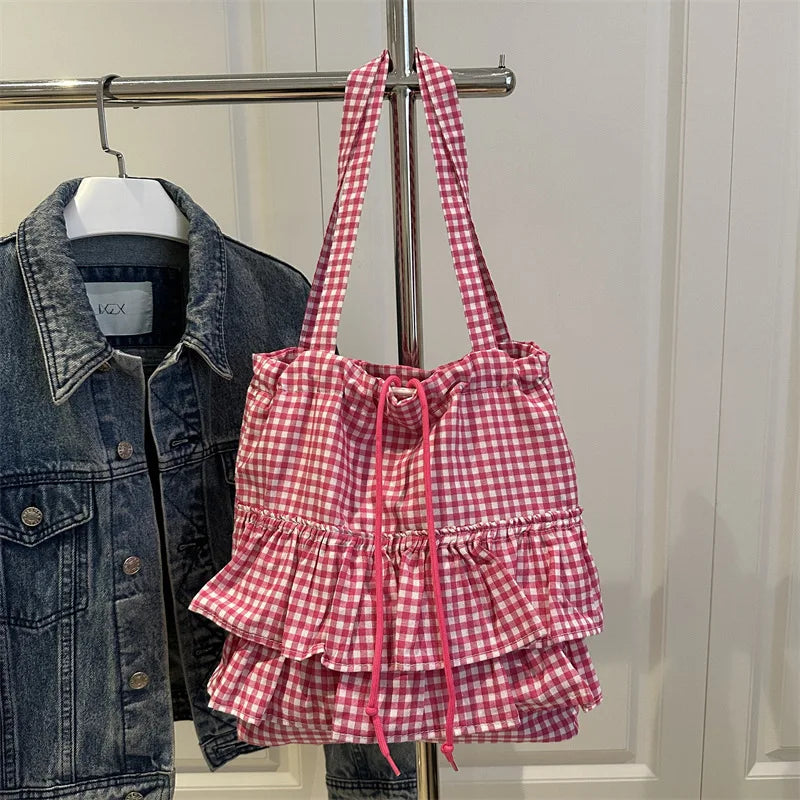 Tas Dames - Ruffle Shopper met Ruitprint en Trekkoord | Zomer