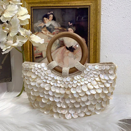 Tas Dames - Handtas met Schelpendetails en Houten Handvat | Boho