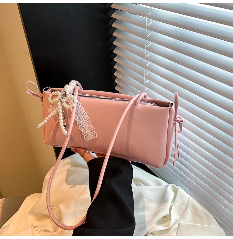 Schoudertas Dames - Langwerpige Tas met Parel Strik Detail | Chique