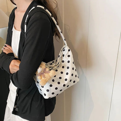 Schoudertas Dames - Ruime Tas met Stippenprint en Beertje | Casual