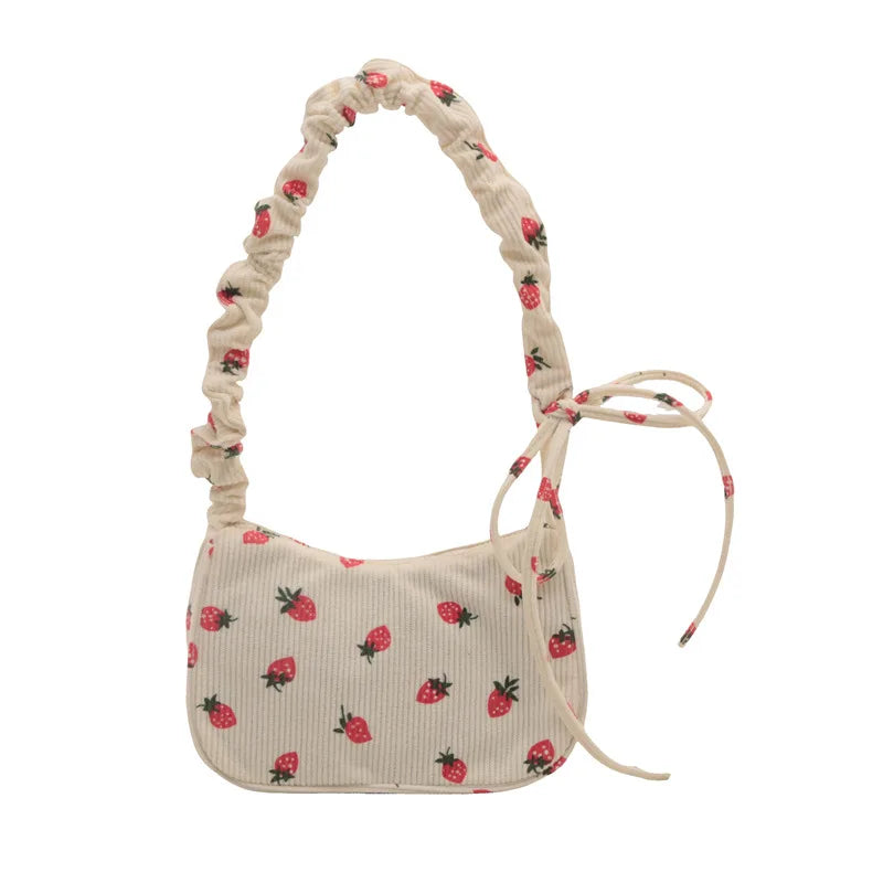 Tas Dames - Mini Hobo Tas met Aardbeienprint en Strikje | Zomer
