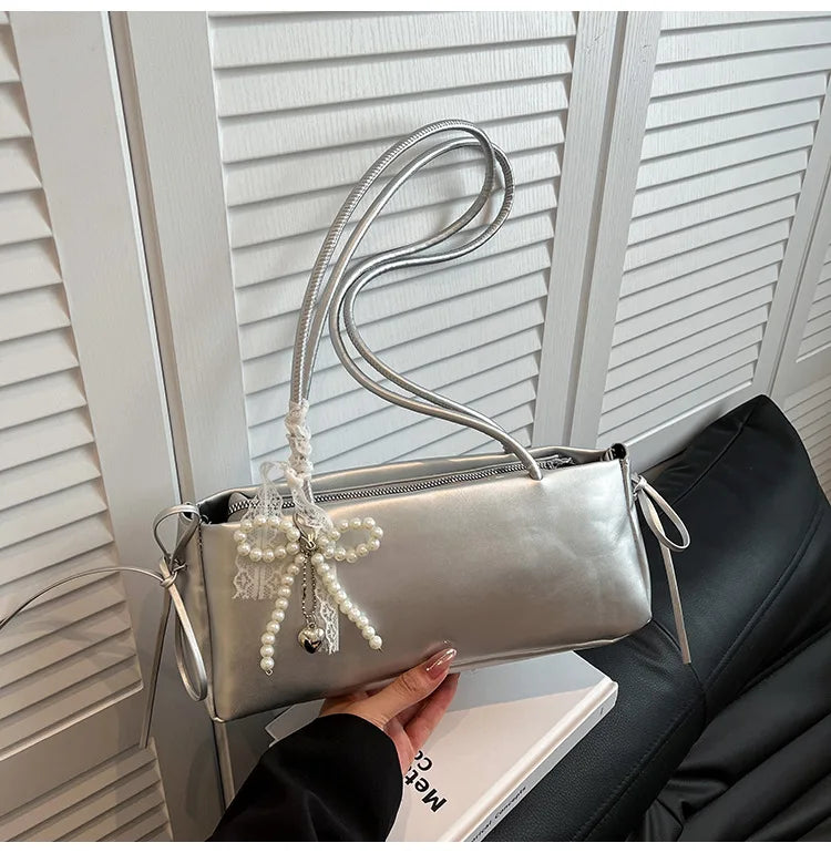 Schoudertas Dames - Langwerpige Tas met Parel Strik Detail | Chique