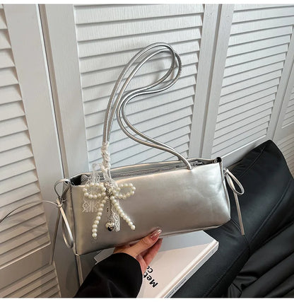 Schoudertas Dames - Langwerpige Tas met Parel Strik Detail | Chique