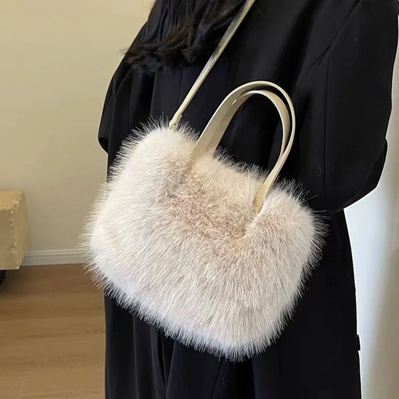 Tas Dames - Pluche Schoudertas met Schouderriem en Handvat | Casual