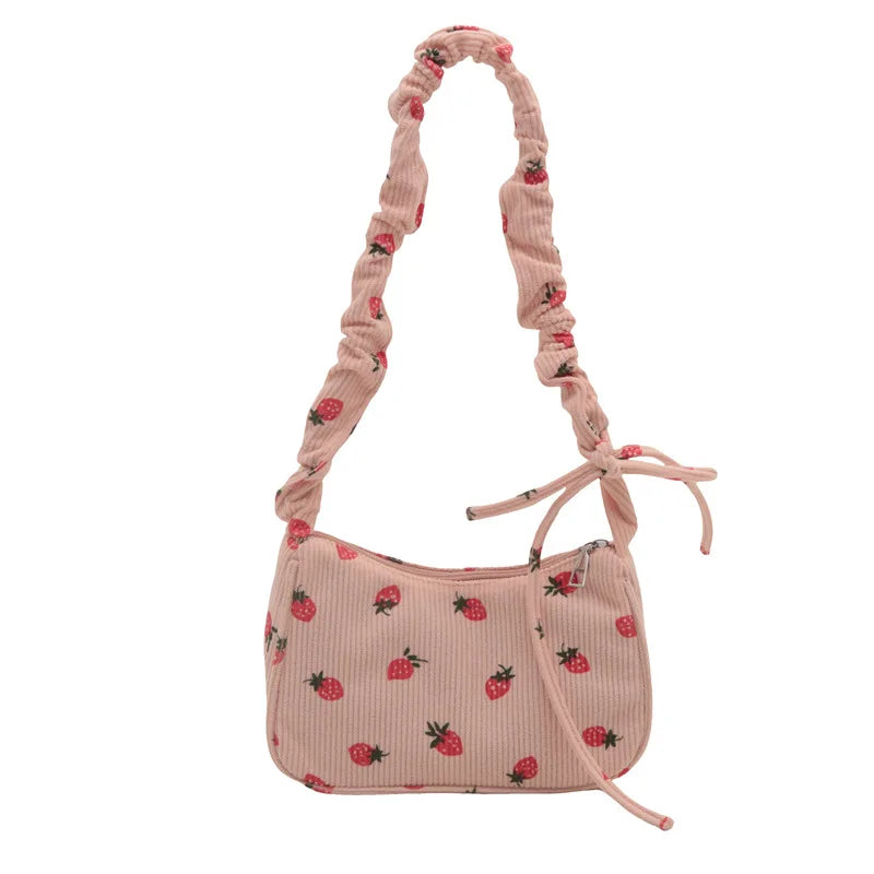 Tas Dames - Mini Hobo Tas met Aardbeienprint en Strikje | Zomer