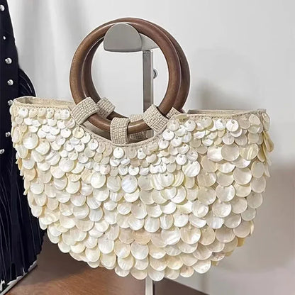 Tas Dames - Handtas met Schelpendetails en Houten Handvat | Boho