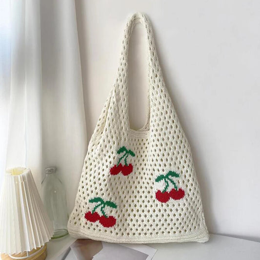 Tas Dames - Ruime Shopper met Kersenmotief en Open Structuur | Zomer