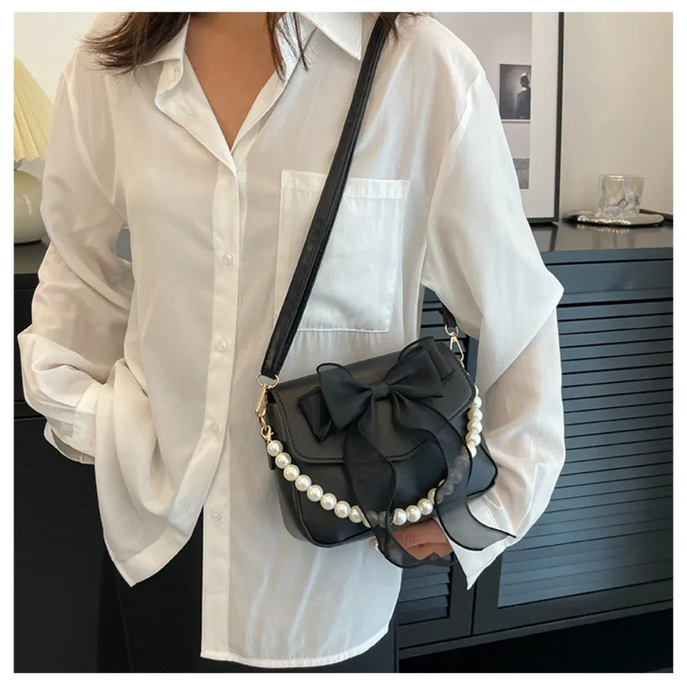 Handtas Dames - Strik Tas met Parelketting en Organza | Chique