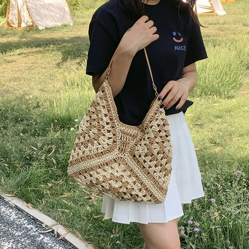Tas Dames - Gehaakt Hobo Model met Contrast Patroon | Boho