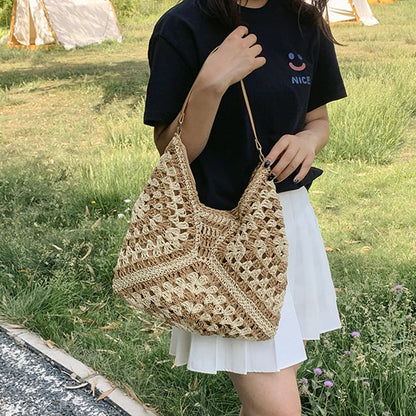 Tas Dames - Gehaakt Hobo Model met Contrast Patroon | Boho