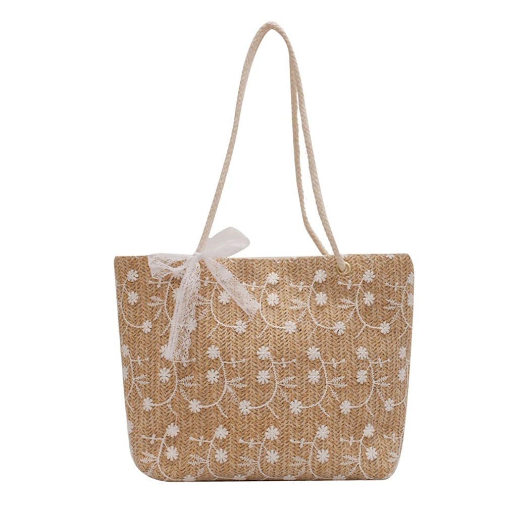 Tas Dames - Gevlochten Shopper met Bloemen en Touwhandvat | Zomer