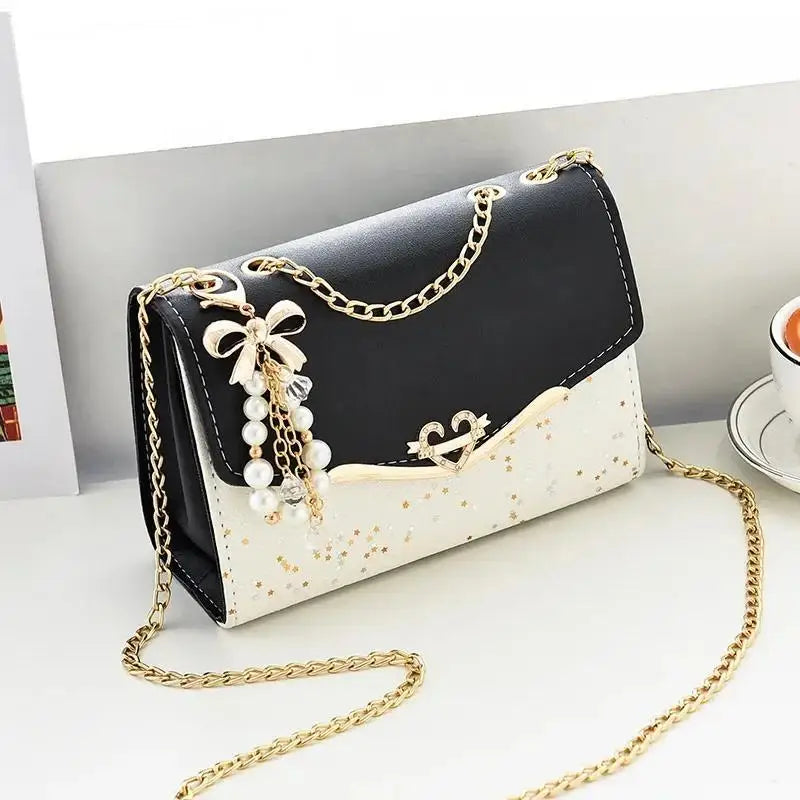 Tas Dames - Schoudertas met Gouden Ketting en Parelornament | Mini