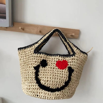 Tas Dames - Gevlochten Strandtas met Smiley Print | Zomer