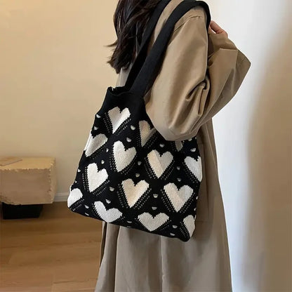 Tas Dames - Gebreide Tote Bag met Hartjespatroon | Casual