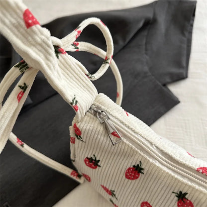 Tas Dames - Mini Hobo Tas met Aardbeienprint en Strikje | Zomer