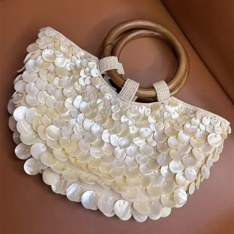 Tas Dames - Handtas met Schelpendetails en Houten Handvat | Boho