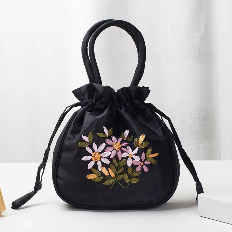 Avondtasje Dames - Bucket Tas met Bloemenborduursels | Feest