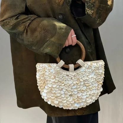 Tas Dames - Handtas met Schelpendetails en Houten Handvat | Boho