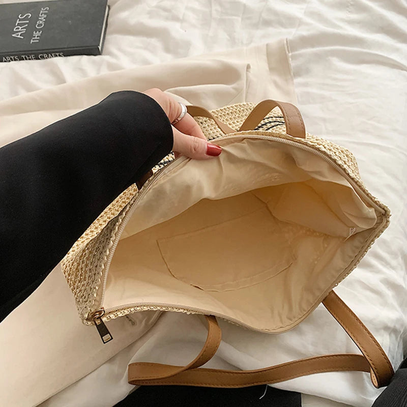 Tas Dames - Ruime Gevlochten Shopper met Strepenpatroon | Zomer