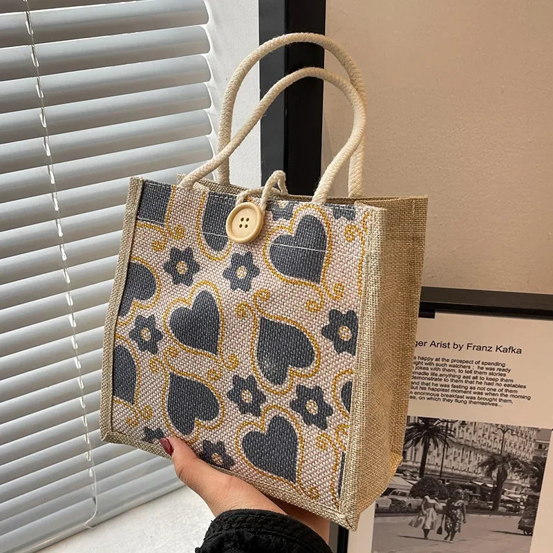 Shopper Dames - Gevlochten Tas met Hartjesprint en Knoop | Casual