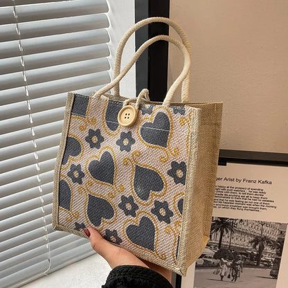 Shopper Dames - Gevlochten Tas met Hartjesprint en Knoop | Casual