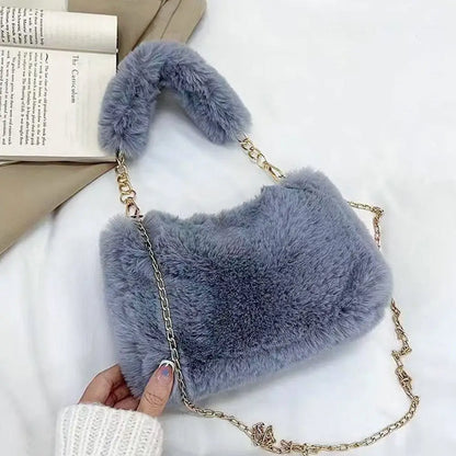 Tas Dames - Zachte Schoudertas met Gouden Ketting en Pluizig Hengsel