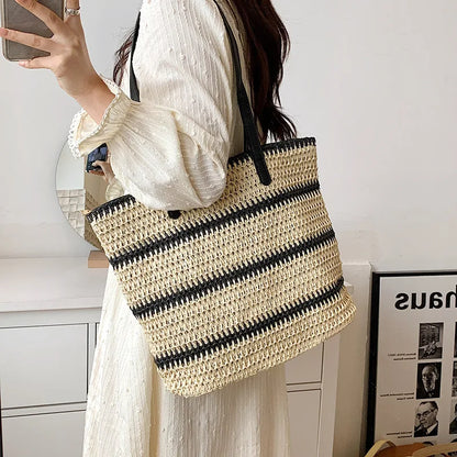 Tas Dames - Ruime Gevlochten Shopper met Strepenpatroon | Zomer