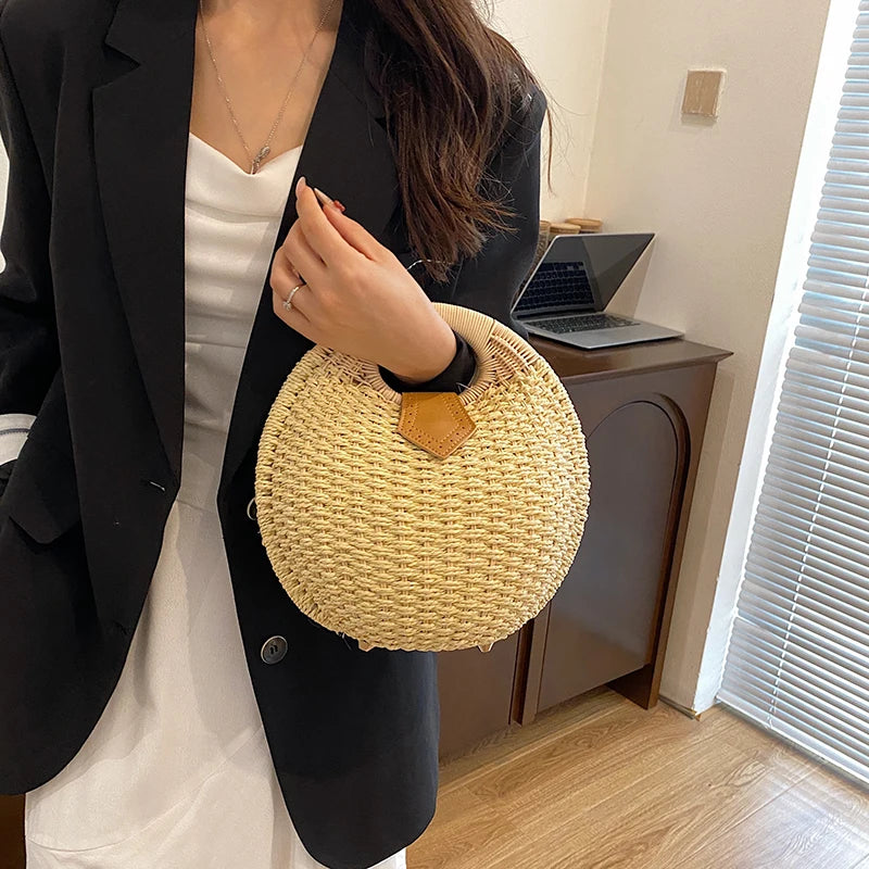 Tas Dames - Ronde Gevlochten Tas met Houten Handvat | Zomer