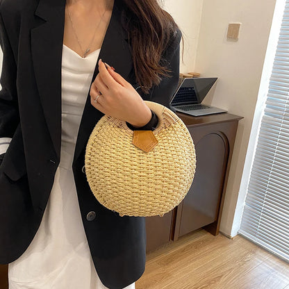 Tas Dames - Ronde Gevlochten Tas met Houten Handvat | Zomer