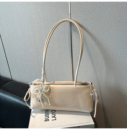 Schoudertas Dames - Langwerpige Tas met Parel Strik Detail | Chique
