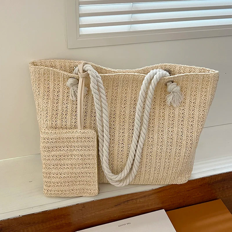 Tas Dames - Gevlochten Shopper met Touwhandvat en Clutch | Zomer