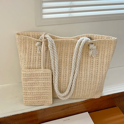 Tas Dames - Gevlochten Shopper met Touwhandvat en Clutch | Zomer